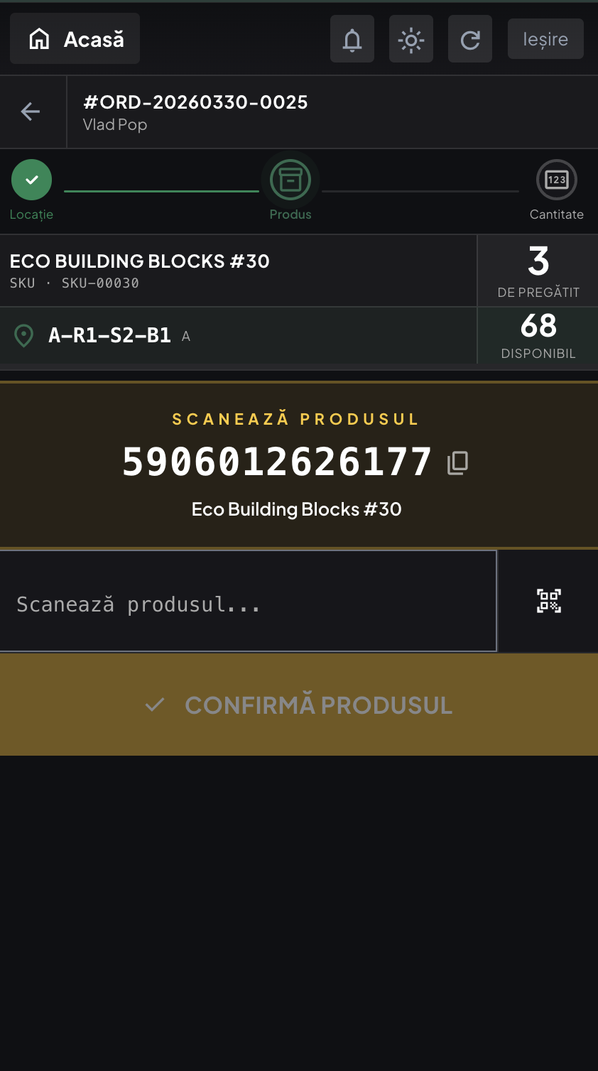 Scanarea codului de bare al produsului din ecranul de picking